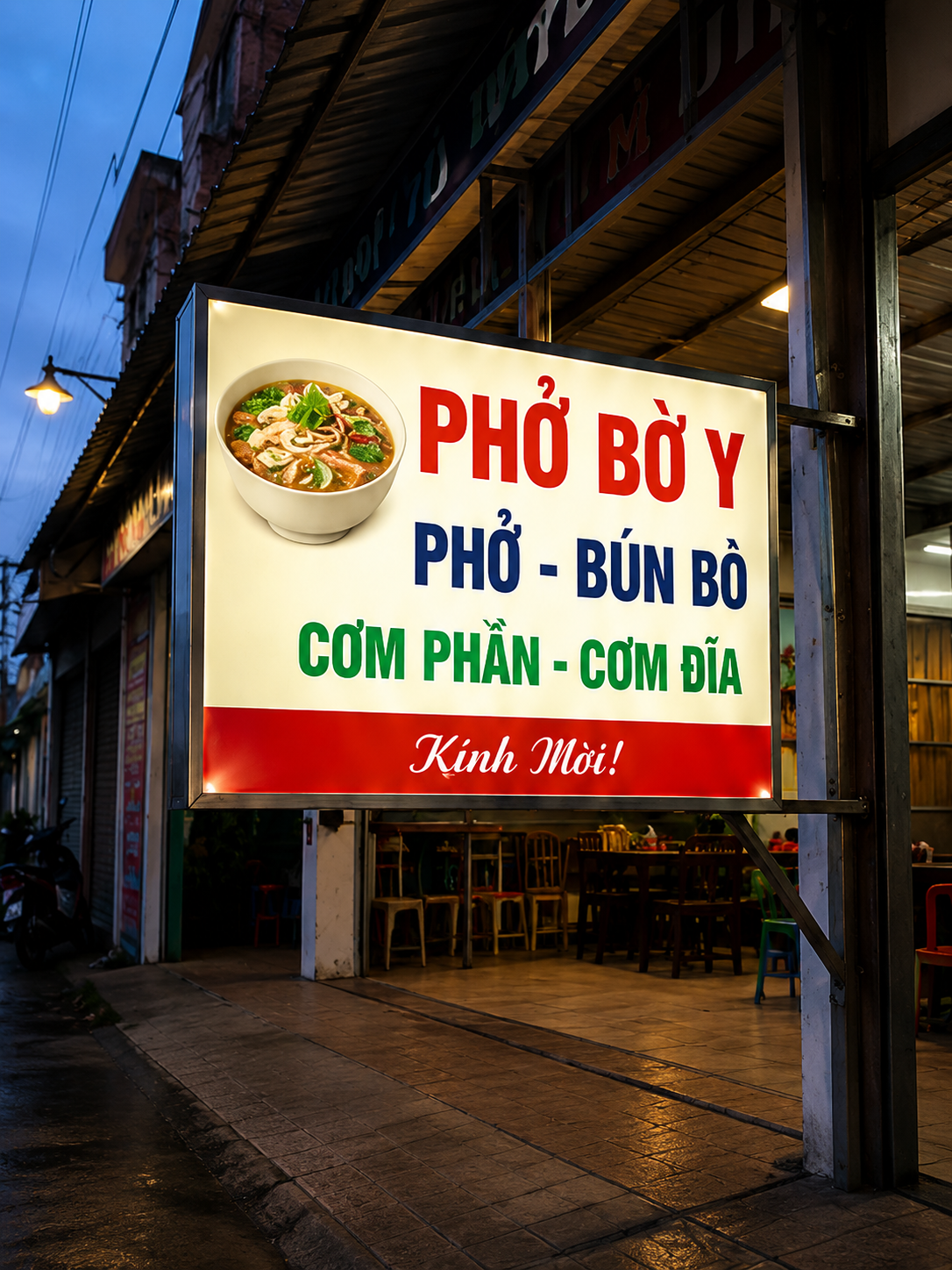 Hộp đèn bạt khung sắt căng bạt cho quán ăn tại Ngọc Hồi Bờ Y